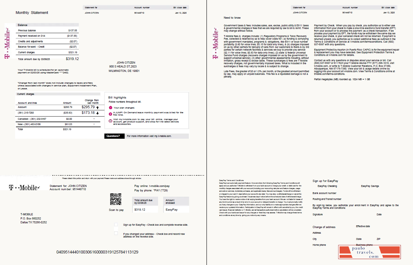 USA T mobile utility bill template in Word and PDF formats, 2 pages, version 2
